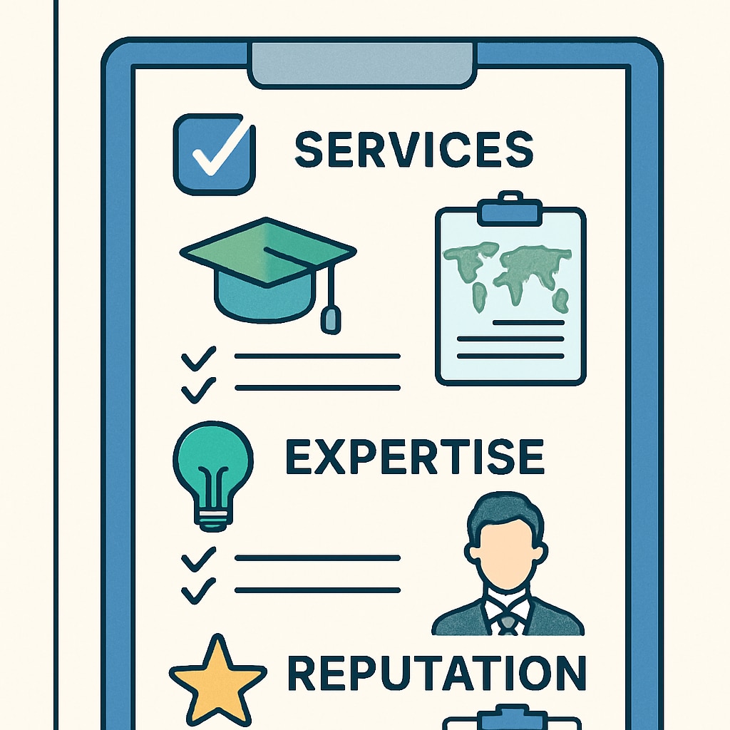 A checklist of factors for evaluating study abroad agencies, including services, expertise, and reputation. Checklist for evaluating reliable study abroad agencies for US master’s degree applications.