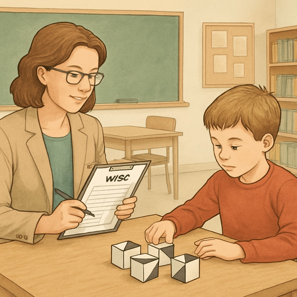 A trained professional administering the WISC test to a child in an educational setting. A professional conducting the WISC intelligence test for children in a classroom environment.