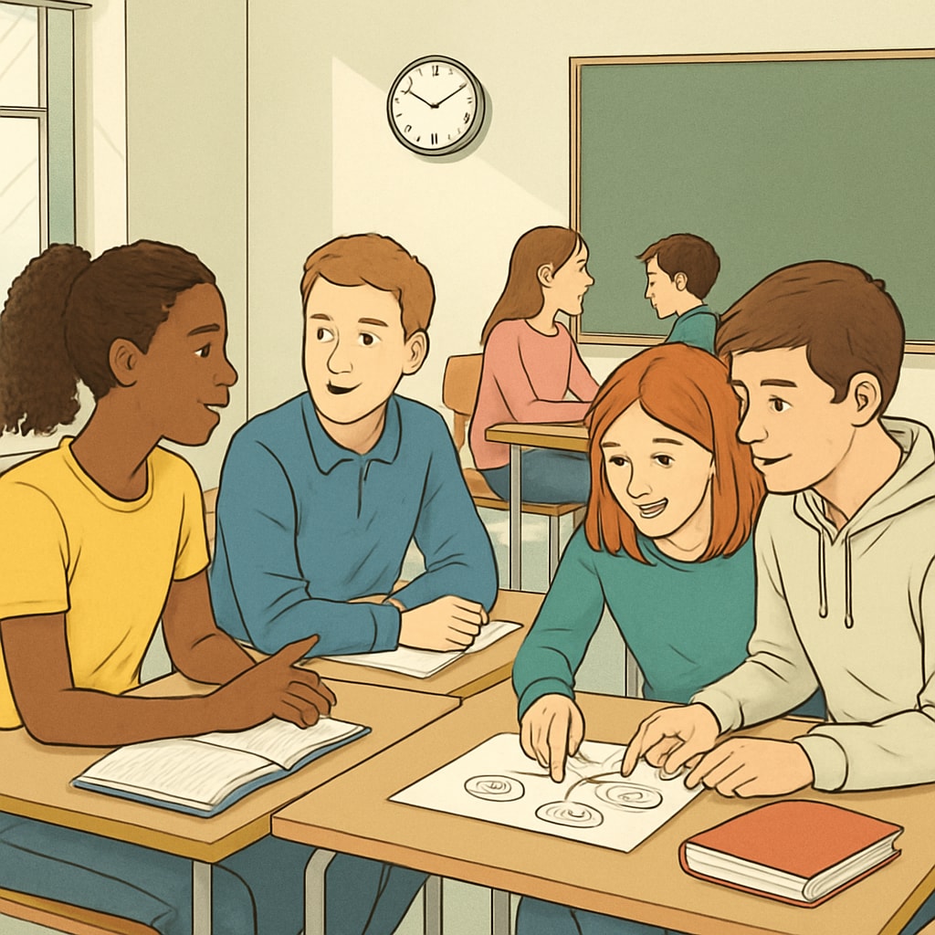 Classroom scene with students collaborating on language exercises inspired by 
