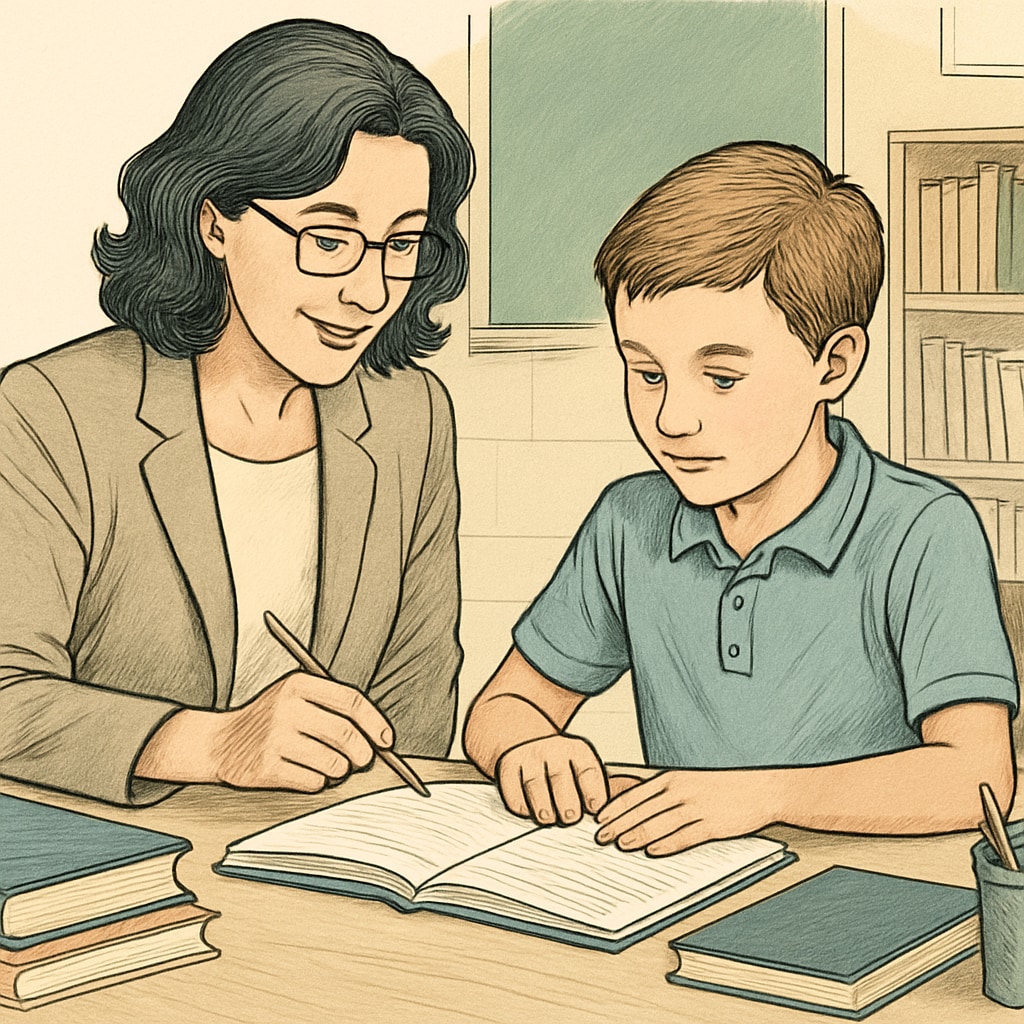 A teacher working one-on-one with a student, emphasizing personalized learning strategies. Teacher supporting an ADHD student with tailored educational methods in gifted programs.