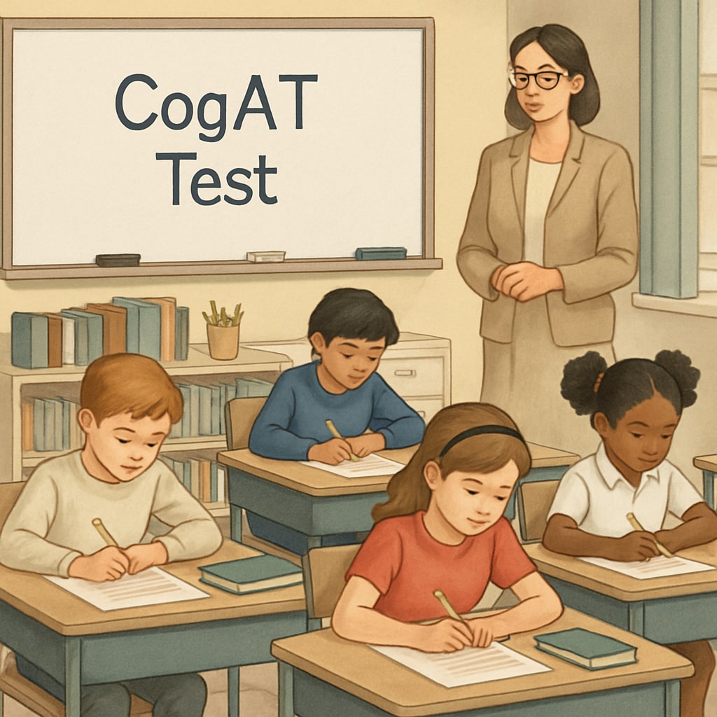 A classroom setting where multiple children are taking the CogAT test under supervision. Children in a classroom setting completing the CogAT intelligence test.