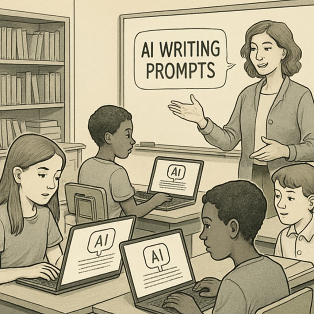 A classroom where students are using laptops to engage with AI writing prompts, fostering critical thinking and media literacy. Students using AI writing prompts in a classroom to develop critical thinking skills.