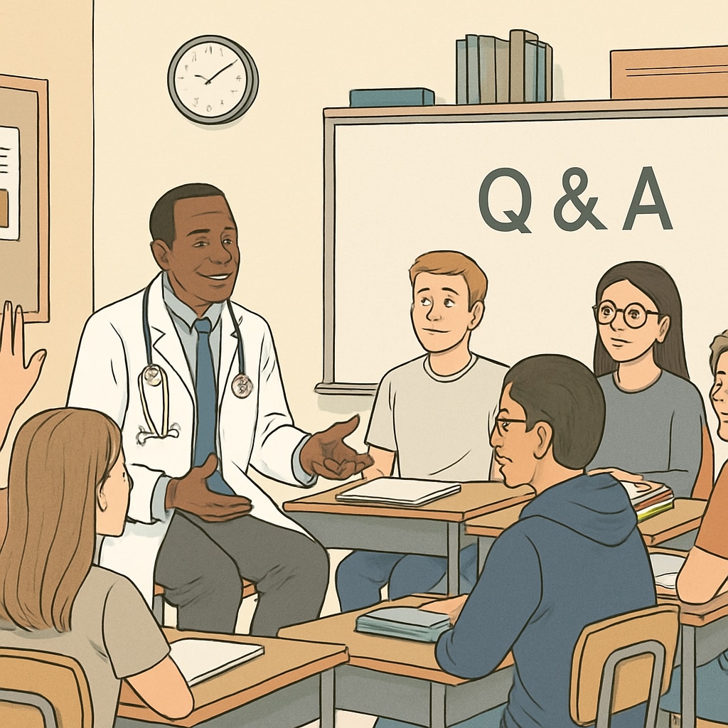 A group of high school students engaging in a Q&A session with a doctor in a classroom setting. High school students interacting with a doctor as part of a medical career exploration project.
