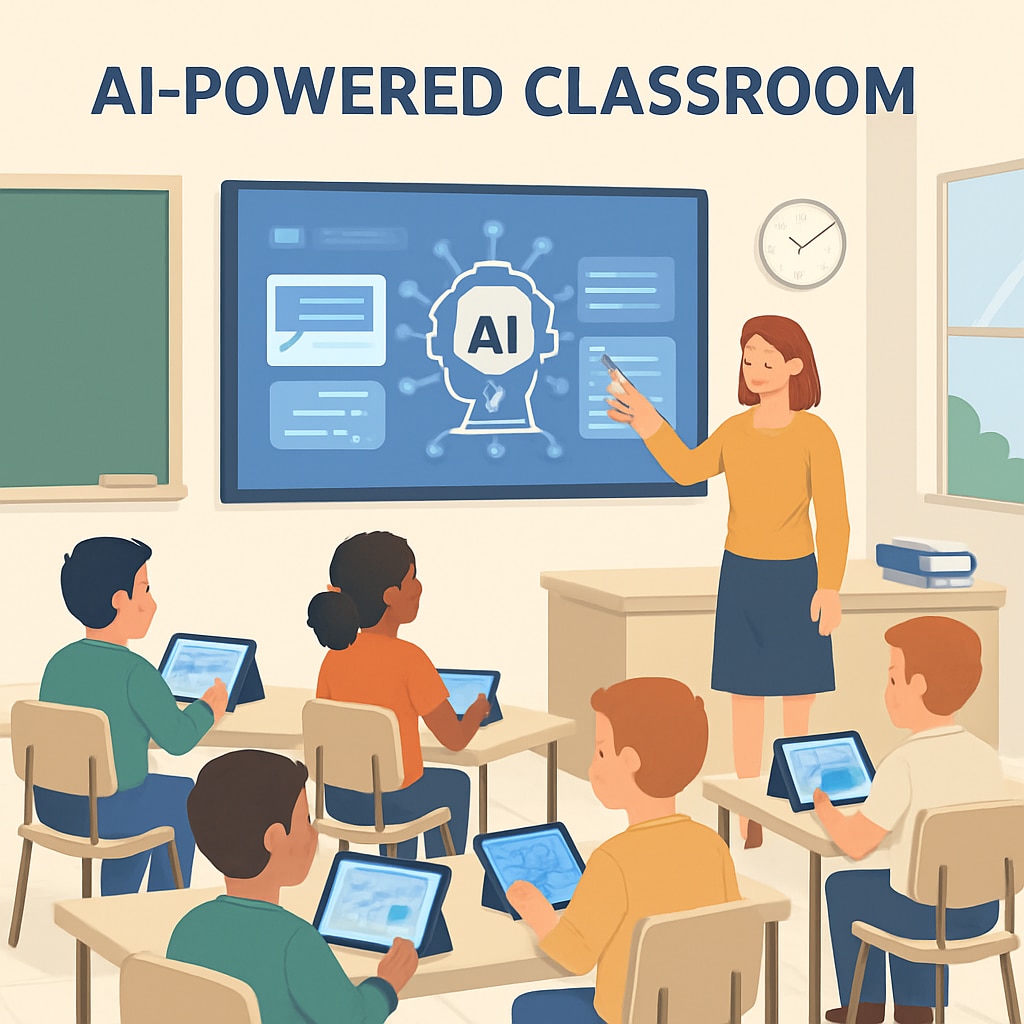 An illustration of an AI-powered classroom where students are using tablets and the teacher interacts with an AI-based system to deliver lessons. AI-powered classroom revolutionizing education with students and teacher using AI tools