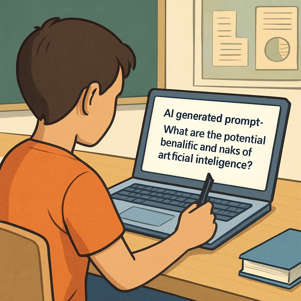 A close-up of a student writing on a laptop, guided by an AI-generated prompt that encourages critical thinking. A student working on an AI writing prompt that enhances media literacy.