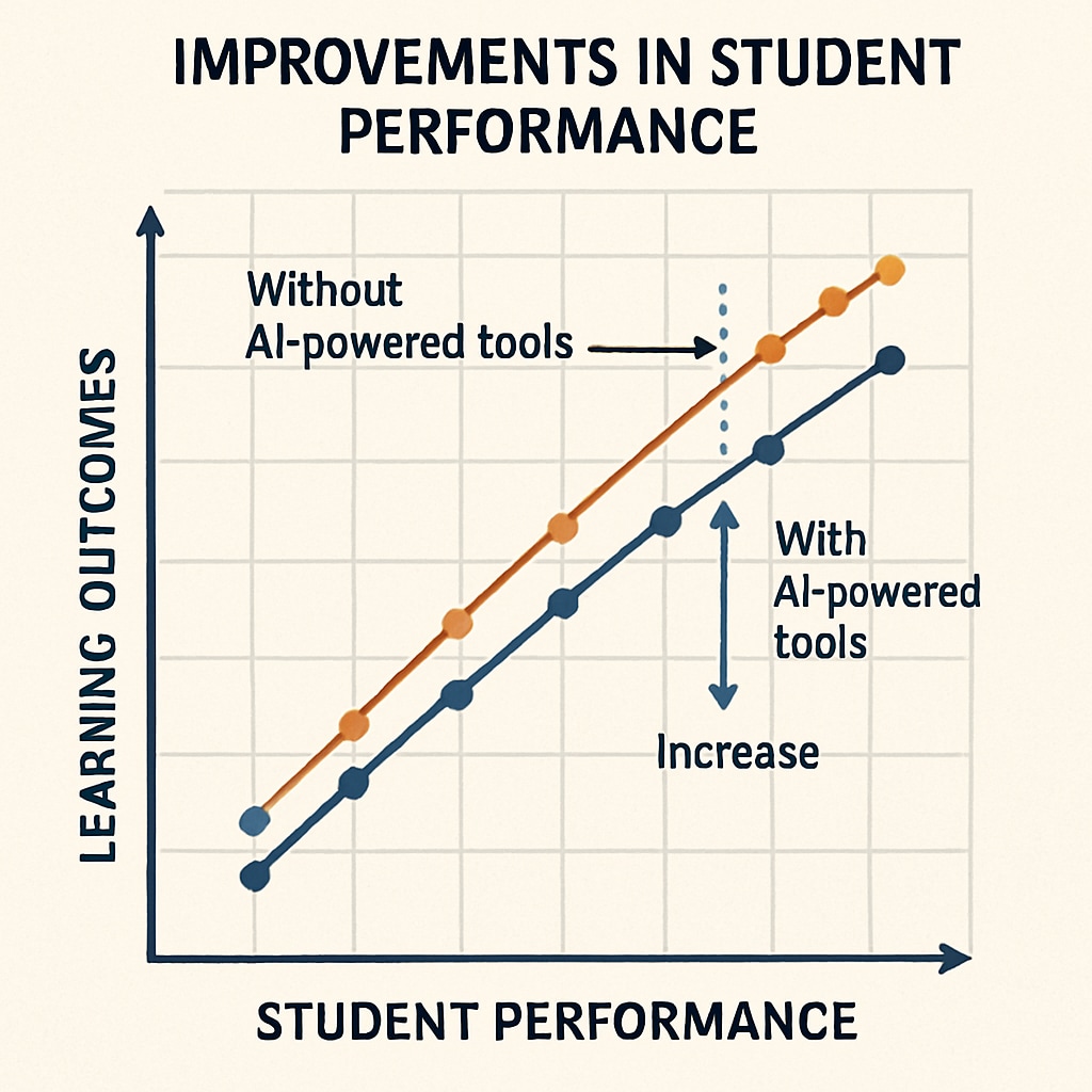 A graph showcasing improvements in student performance and learning outcomes due to AI-powered educational tools. Graph showing student performance improvements with AI learning tools