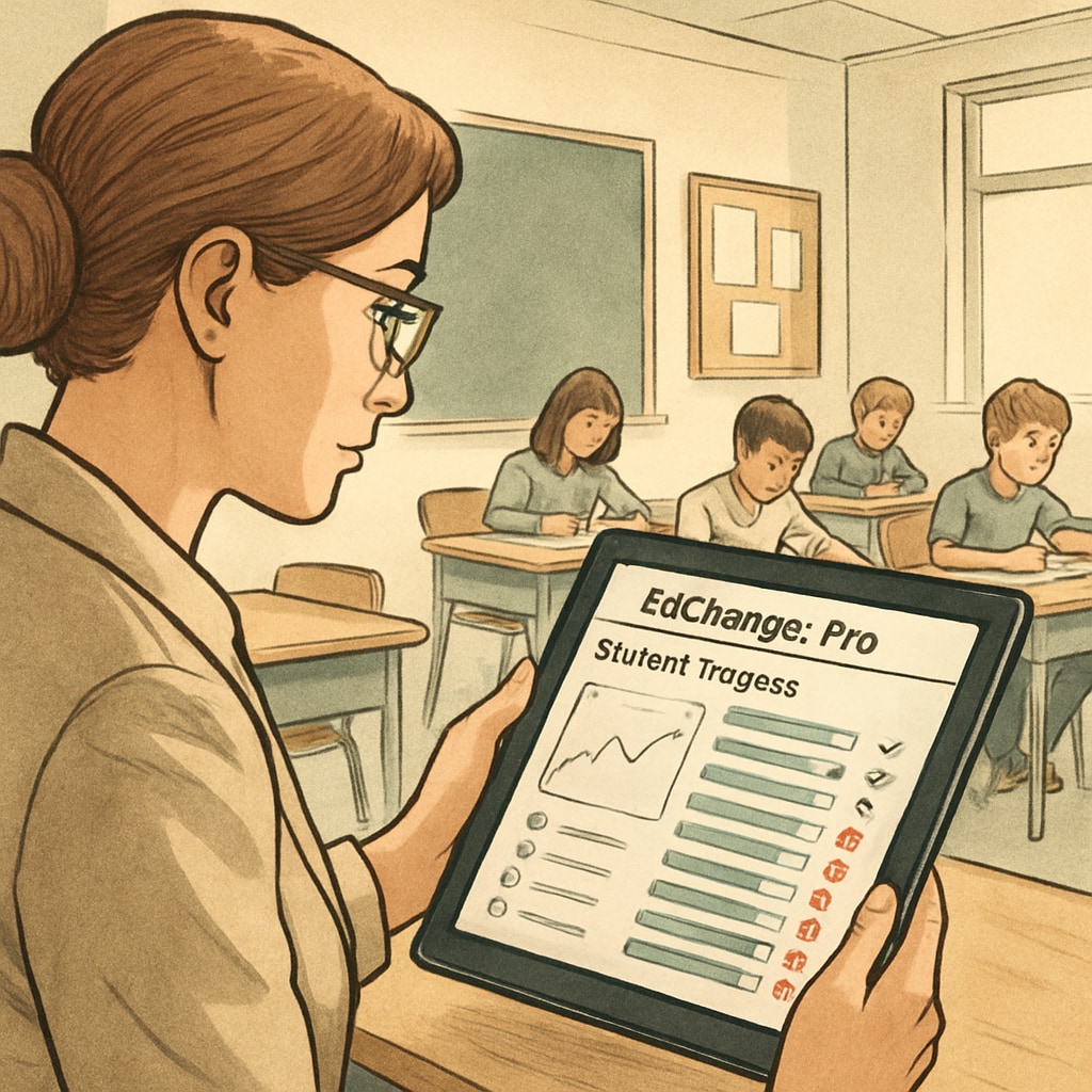 A teacher using EdChanger Pro on a tablet to monitor student progress in real-time. Teacher utilizing EdChanger Pro’s teaching tools for classroom management.