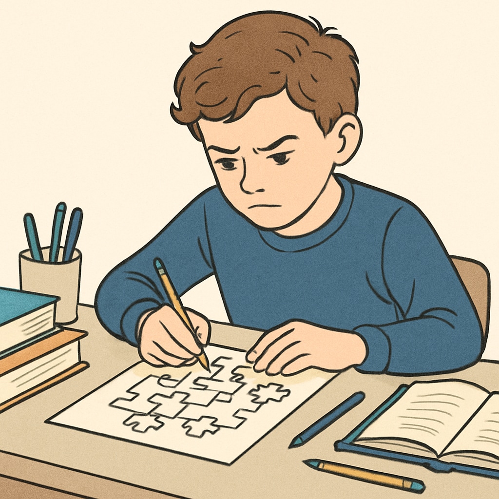 A young student working intently on a complex puzzle or creative project, illustrating focus and intelligence despite ADHD challenges. A student solving a puzzle, demonstrating focus and intelligence despite ADHD-related challenges.