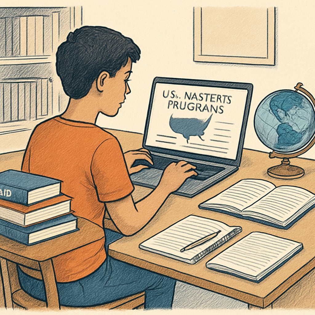 An image depicting a student researching U.S. master's programs online, symbolizing study-abroad planning. A student exploring U.S. master's application feasibility on a laptop.