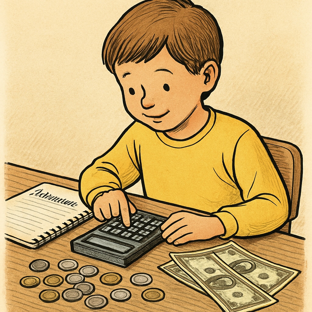 A child using a calculator to manage their allowance, demonstrating the practical applications of math. Child budgeting with a calculator to learn math applications