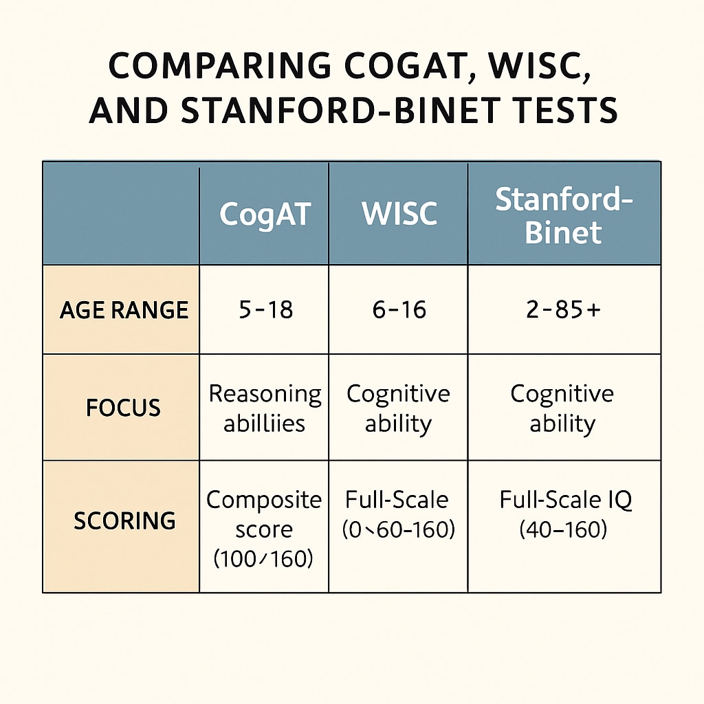 A chart comparing CogAT, WISC, and Stanford-Binet in terms of age range, focus areas, and scoring methods. Chart comparing CogAT, WISC, and Stanford-Binet for assessing gifted children.