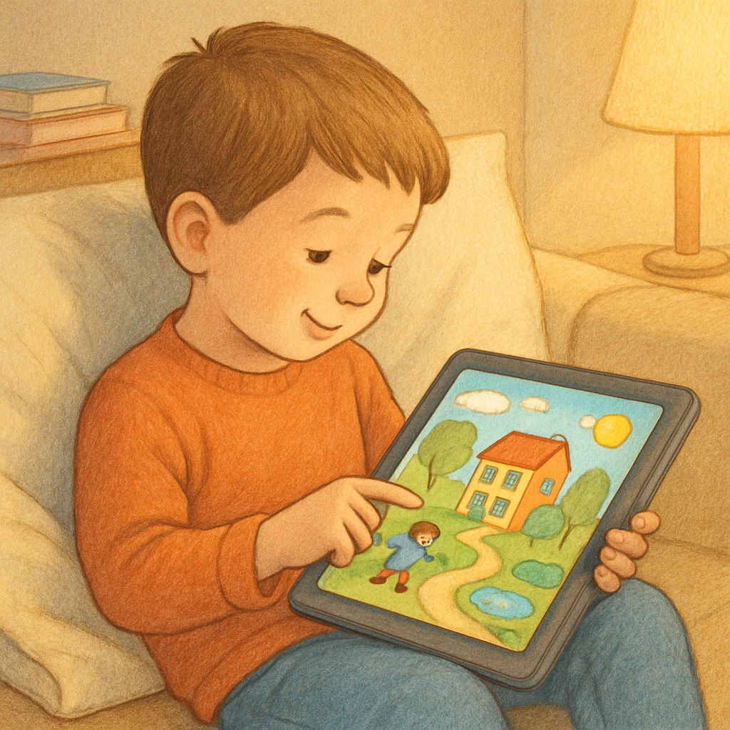 A child sitting with a tablet, reading a colorful interactive storybook in a cozy environment. Interactive children's reading Android app being used by a child.