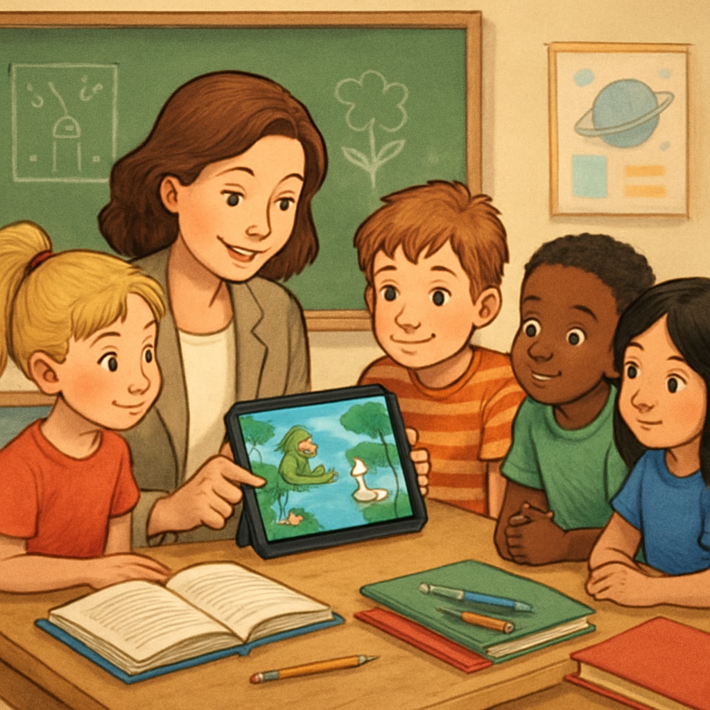 A teacher showing students an app on her tablet, highlighting an interactive storybook feature. A teacher demonstrating an Android app for children's storybooks to her students.