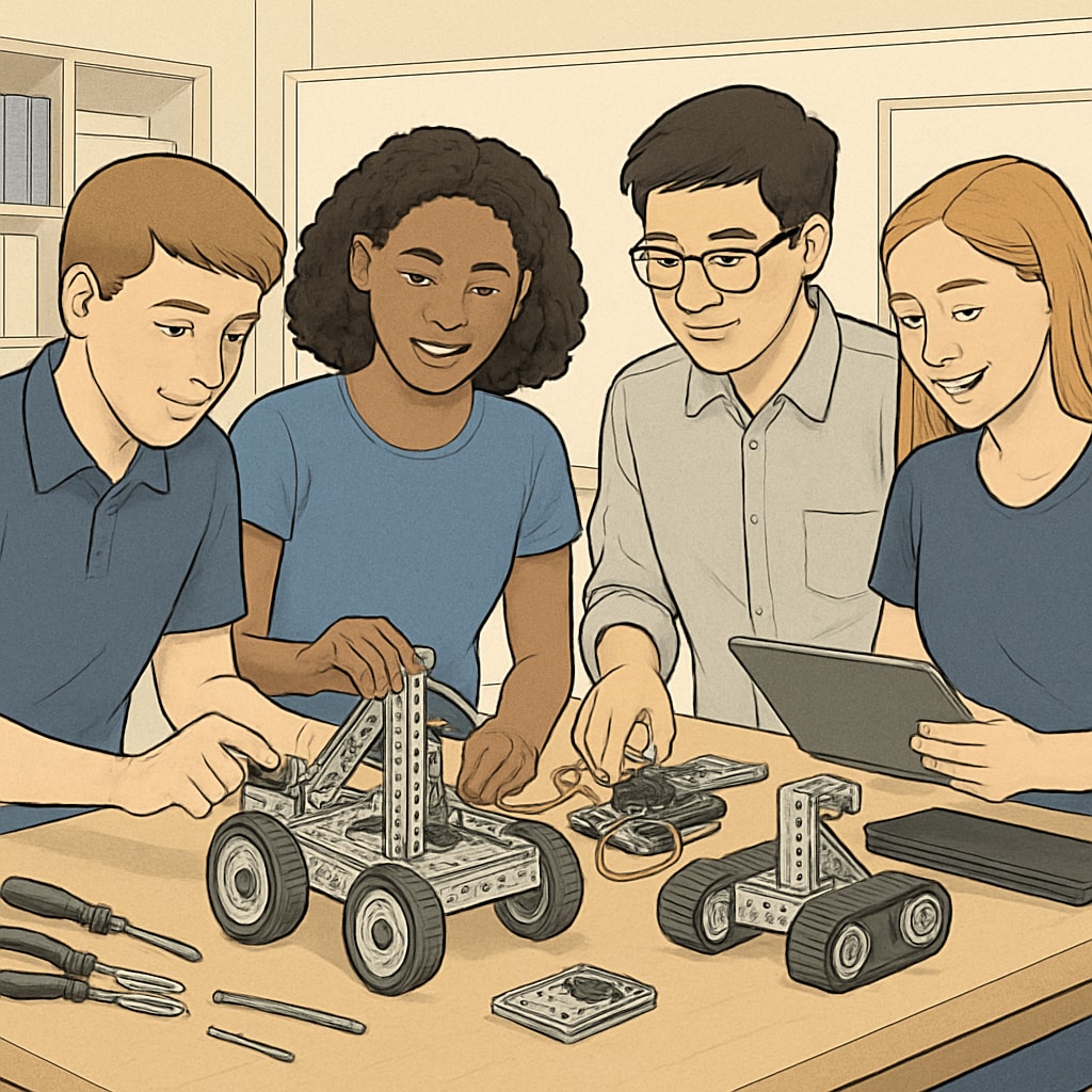 A group of high school students engaged in a hands-on robotics activity, showcasing the practical side of Career and Technical Education. High school students working on a robotics project, illustrating Career and Technical Education.