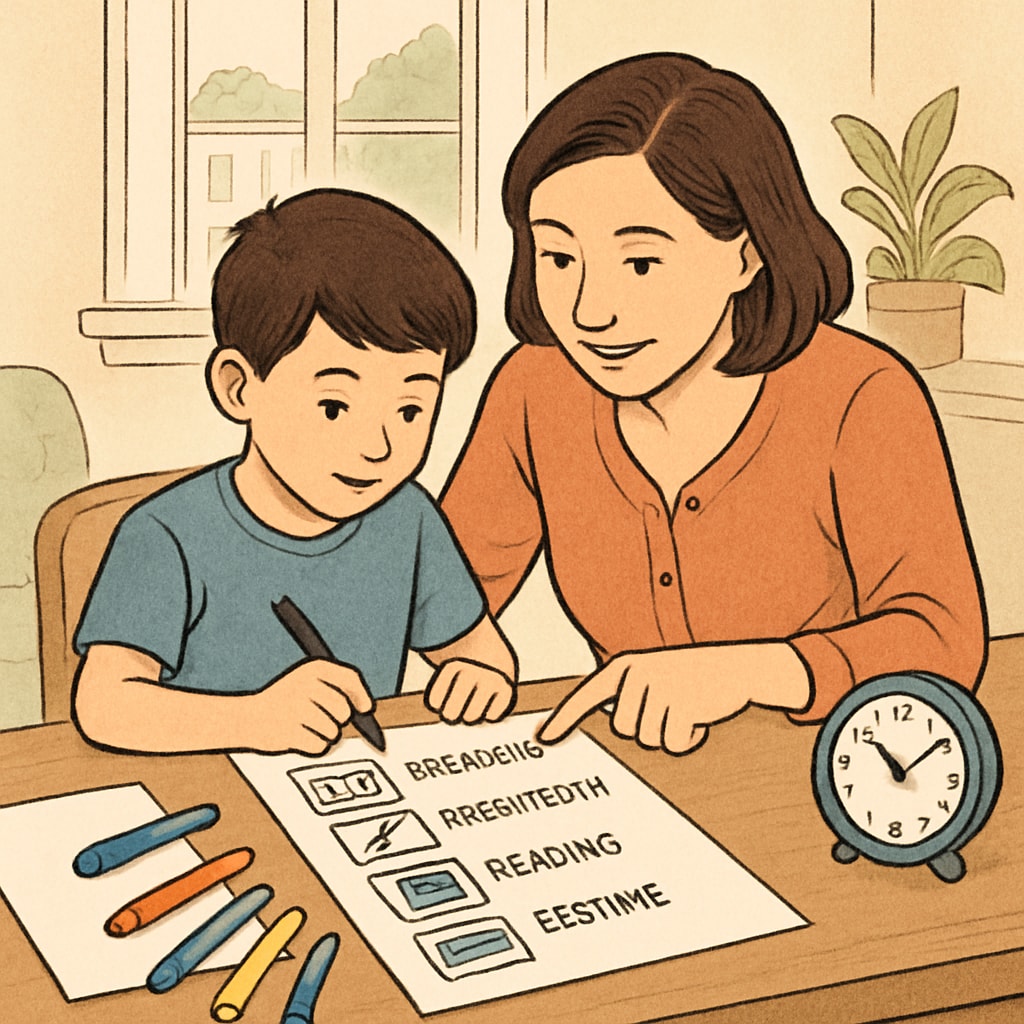 A parent helping their child with ADHD develop a visual schedule to improve time management. Parent and child working on time management strategies for ADHD and executive function.