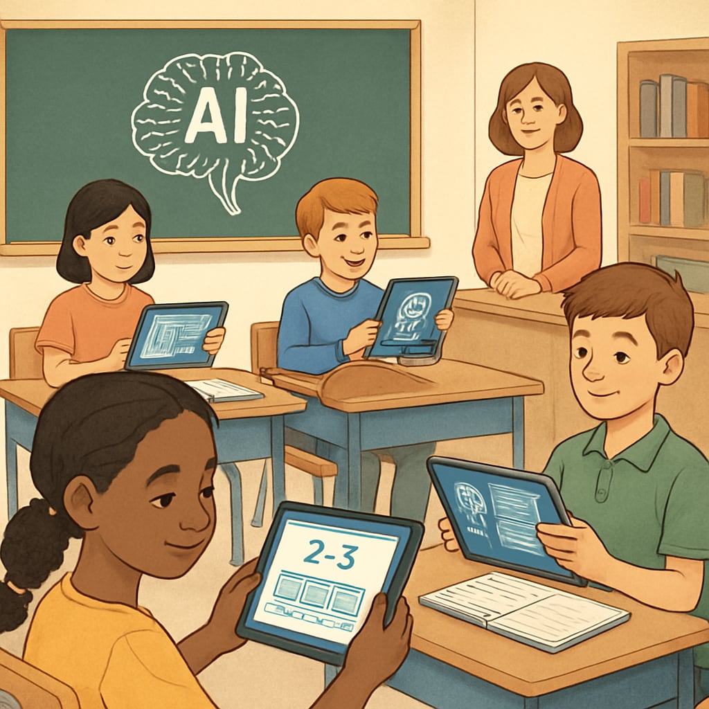 A classroom featuring students using AI-powered tablets for personalized learning, representing modern K12 education trends. AI-powered tablets enhancing personalized learning in K12 classrooms