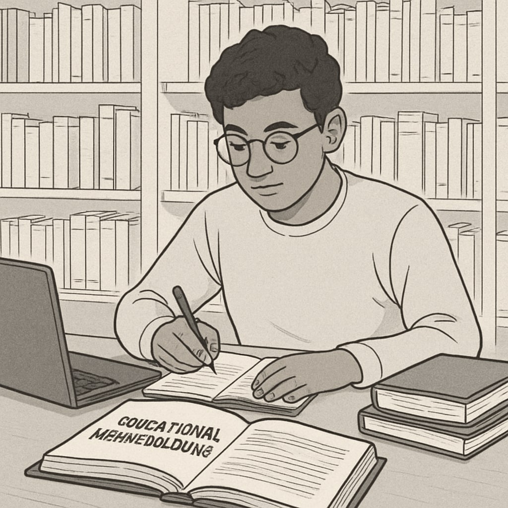 An international student studying educational methodologies at a U.S. university library. A student researching educational methodologies for a U.S. master's degree.