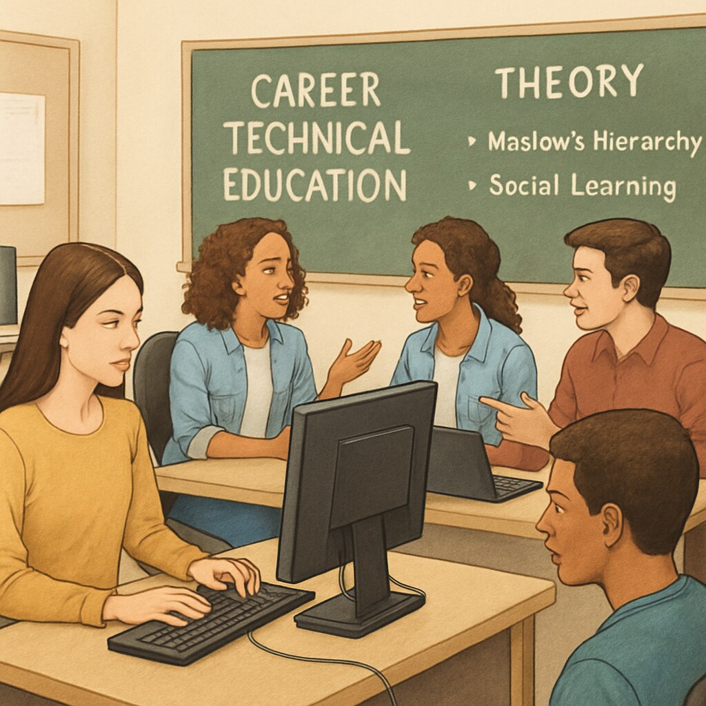 A classroom setting where students are simultaneously working on computers and engaging in discussions about academic theories, representing the blend of CTE and traditional education. Students in a classroom blending technical and academic learning.