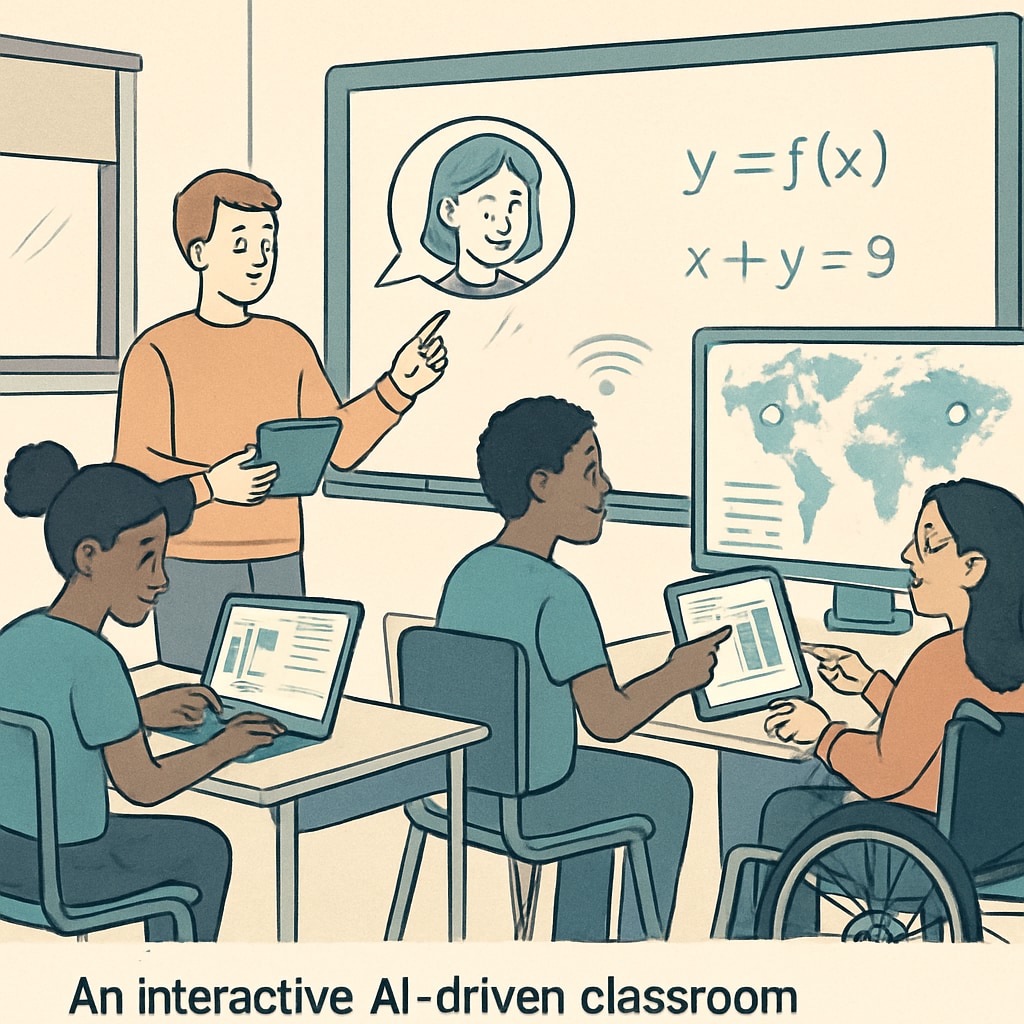 An interactive AI-driven classroom with diverse students collaborating on digital screens, showcasing equity and accessibility in education. AI in education promoting equity and collaboration in K12 classrooms