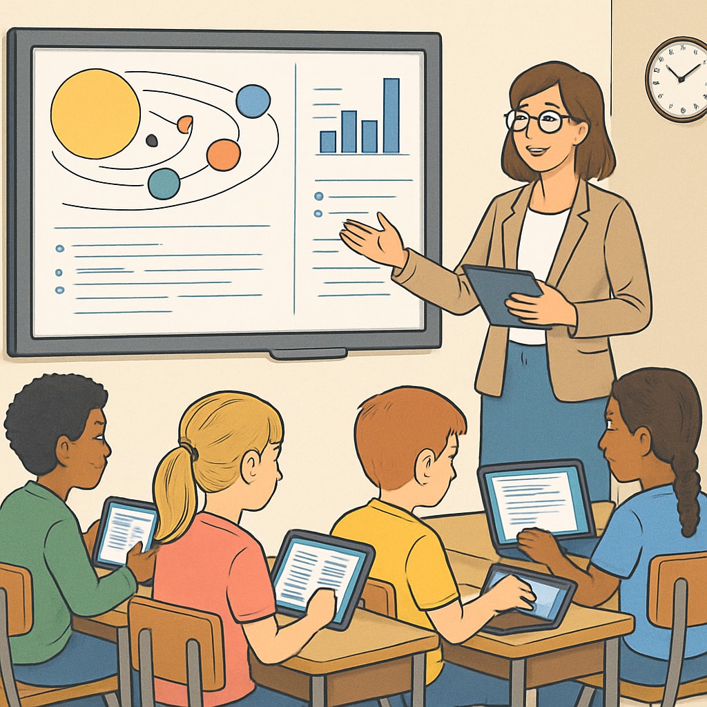 A classroom setting showcasing a teacher integrating technology into lesson plans, inspired by expertise gained from a U.S. master's program. A teacher applying knowledge from a U.S. master's degree in a classroom setting.