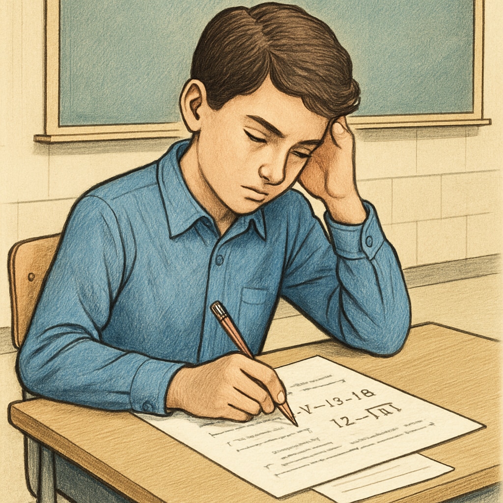 A high school student sitting at a desk, looking contemplative while solving math problems in an exam setting. A high school student preparing for math exams, reflecting on math anxiety and exam pressure.