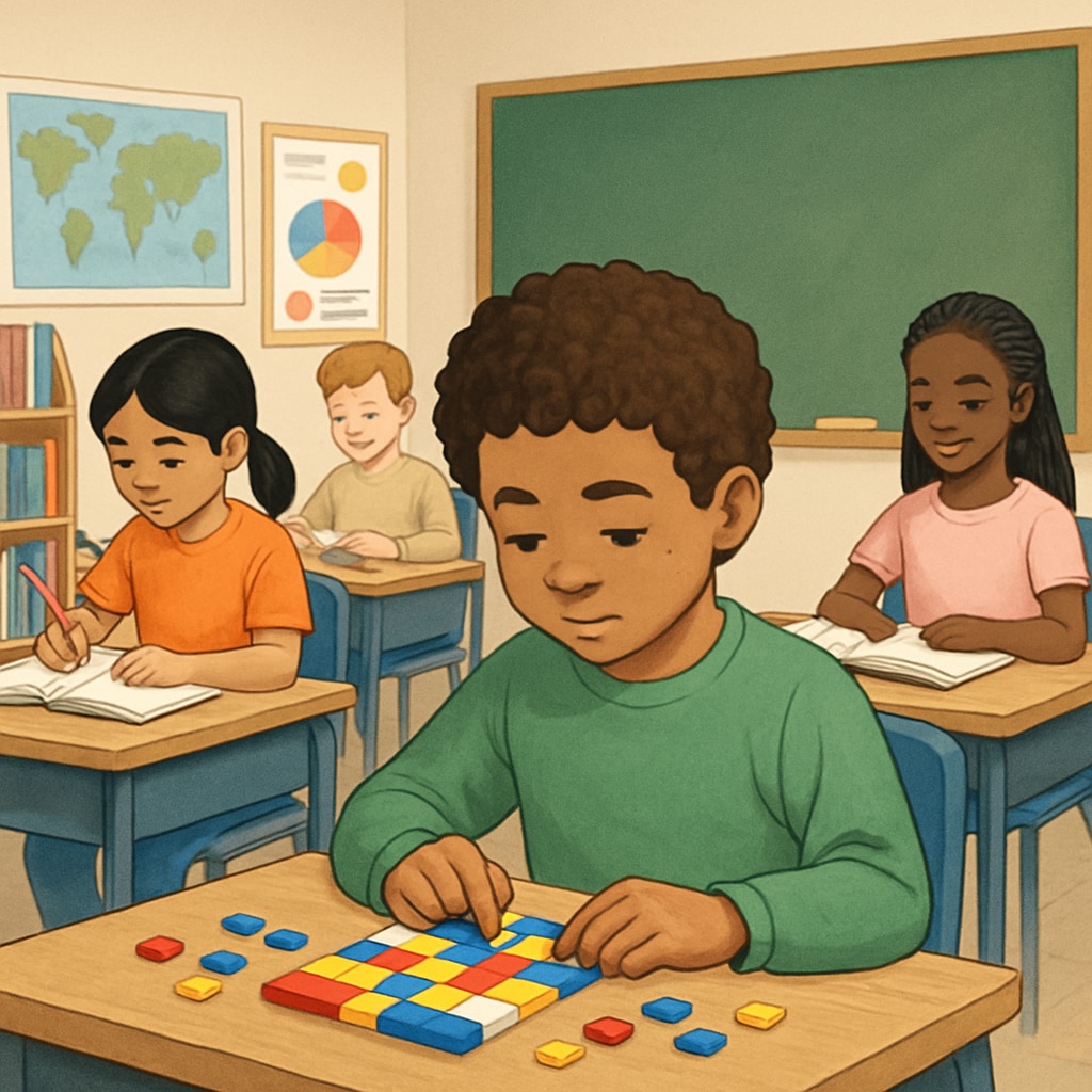 A classroom setting with diverse students, including one solving a challenging puzzle, symbolizing neurodiversity in education. Neurodiverse classroom with students solving puzzles under gifted education.