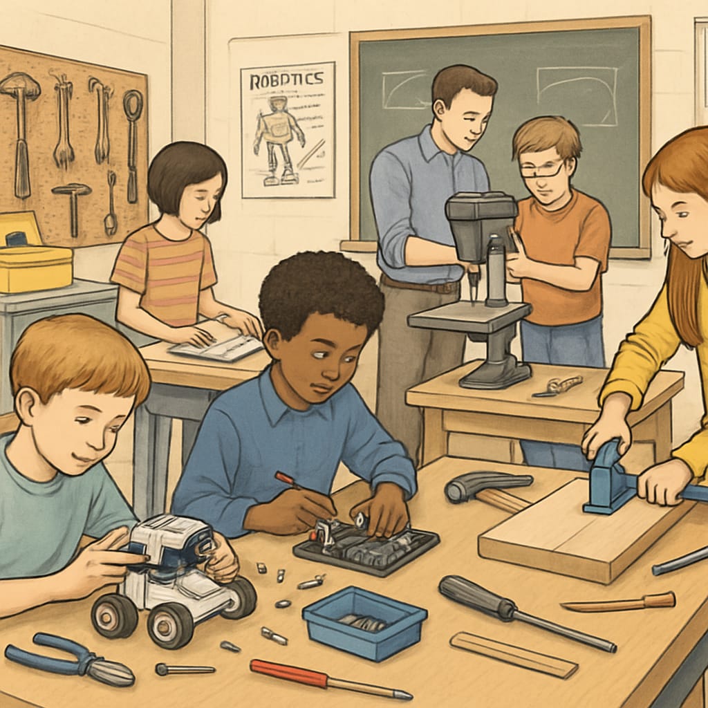 A classroom setting where students are engaged in hands-on technical learning, such as robotics or woodworking. Students participating in a CTE workshop focusing on technical skills in a classroom environment.