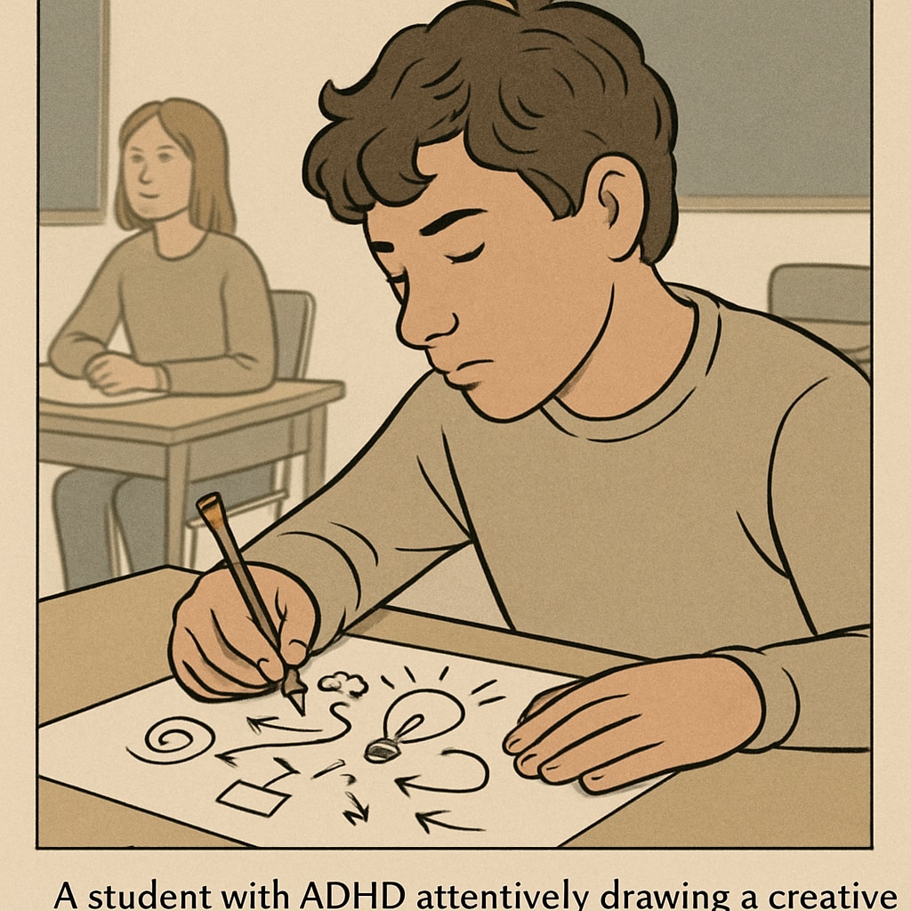 A close-up of an ADHD student drawing a creative diagram in class, illustrating non-traditional forms of intelligence. ADHD student showcasing creativity in gifted education settings.