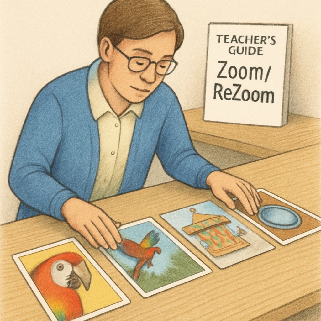 An educator organizing Zoom/ReZoom cards, with a teacher’s guide in the background. Teacher preparing Zoom/ReZoom activity materials and answer sequence guide.