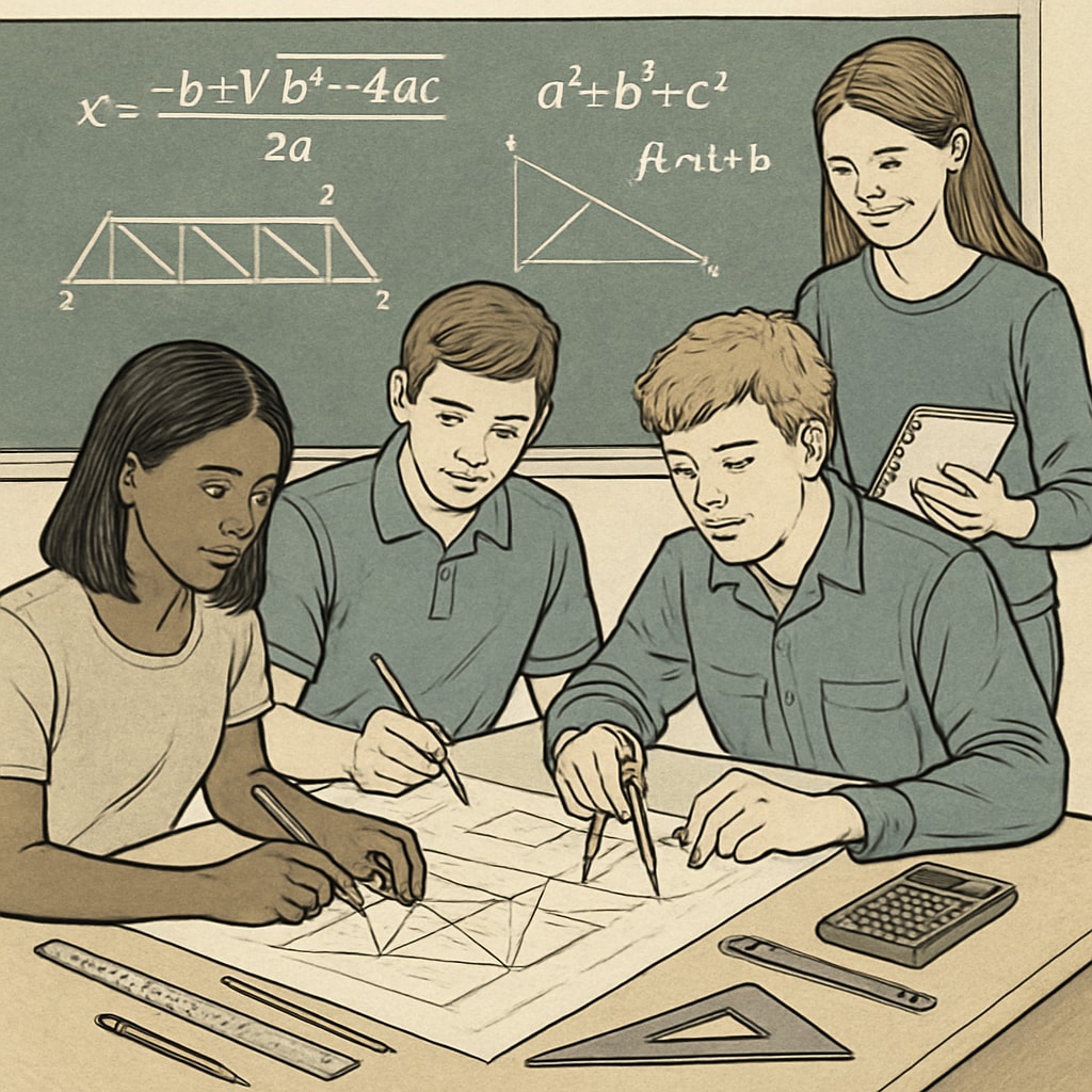 Students collaborating on a project that integrates math and engineering principles, illustrating the synergy between traditional subjects and CTE. Students working together on a math-engineering project, showcasing the balance between traditional and CTE education.