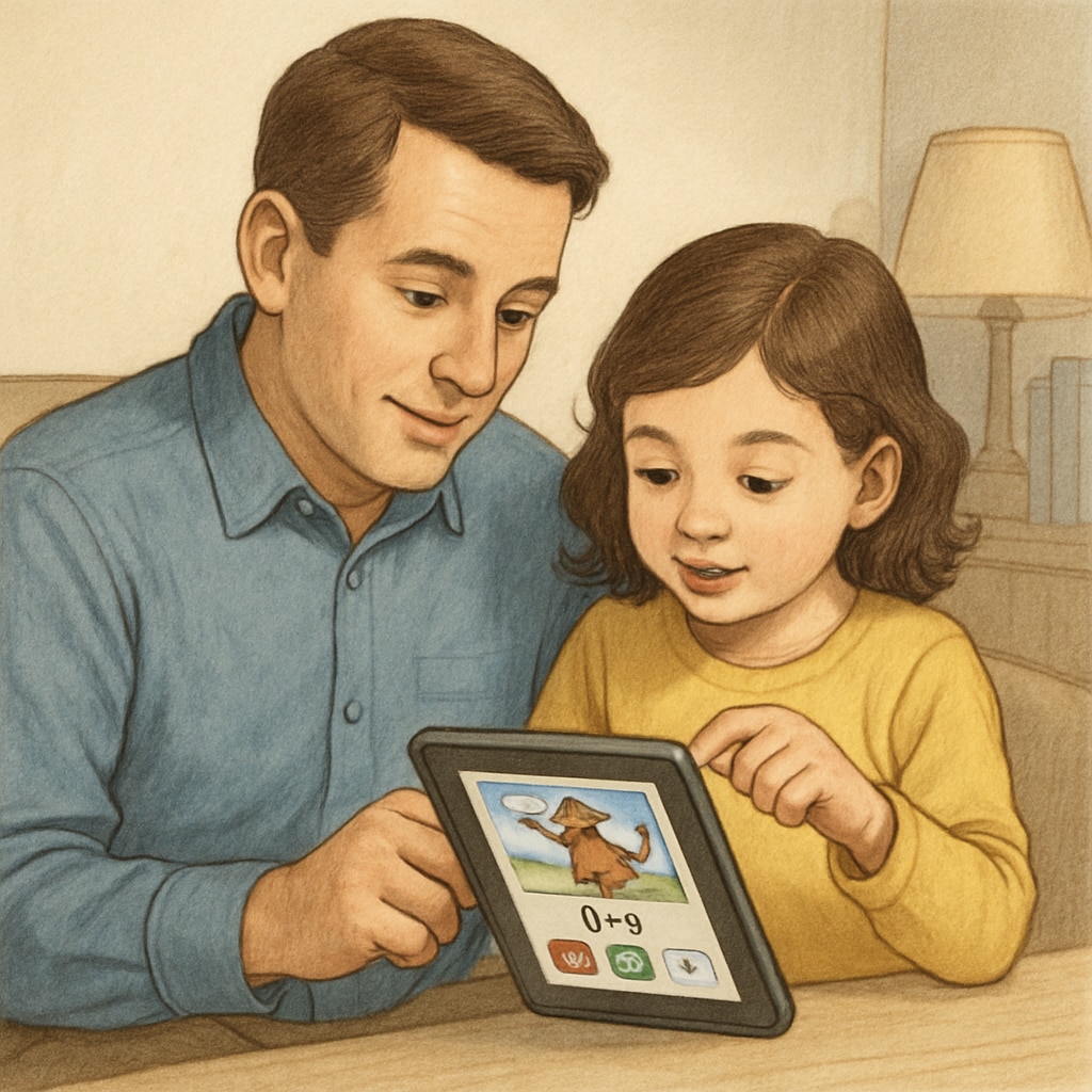 A parent and child sitting together, exploring a children's reading app on a tablet, symbolizing engagement and learning. Parent and child using a children's reading app on Android.