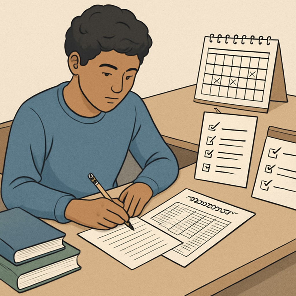 A student reviewing their high school transcript and planning credit recovery. The image illustrates a student taking proactive steps to address their credit shortages. Student reviewing high school transcript for credit recovery planning