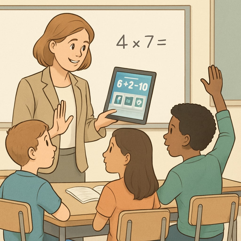 A teacher using a tablet with students in a classroom setting, showcasing the application in an educational environment. Teacher and students exploring an Android reading app together.