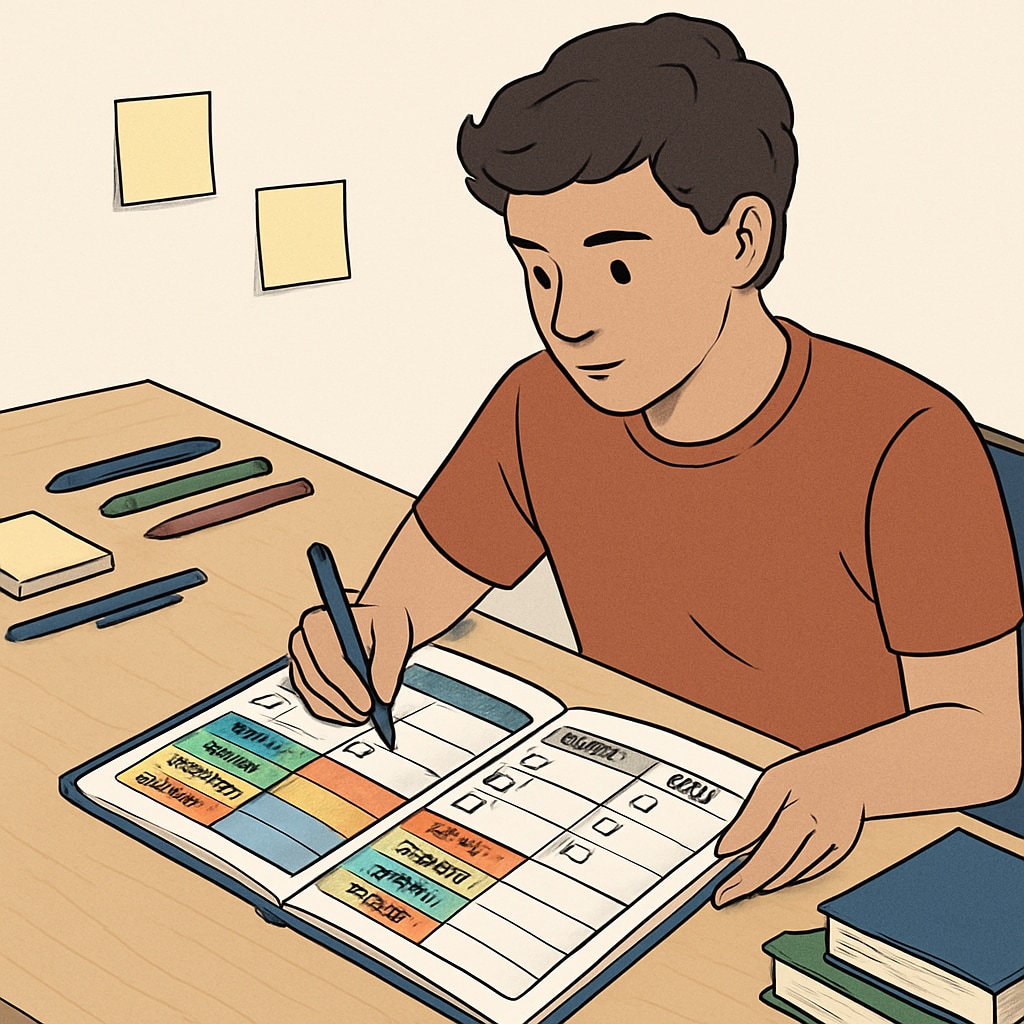 A high school student using a planner to organize homework and assignments. The image highlights ADHD-friendly strategies for academic success. High school student using planner for ADHD-friendly study organization