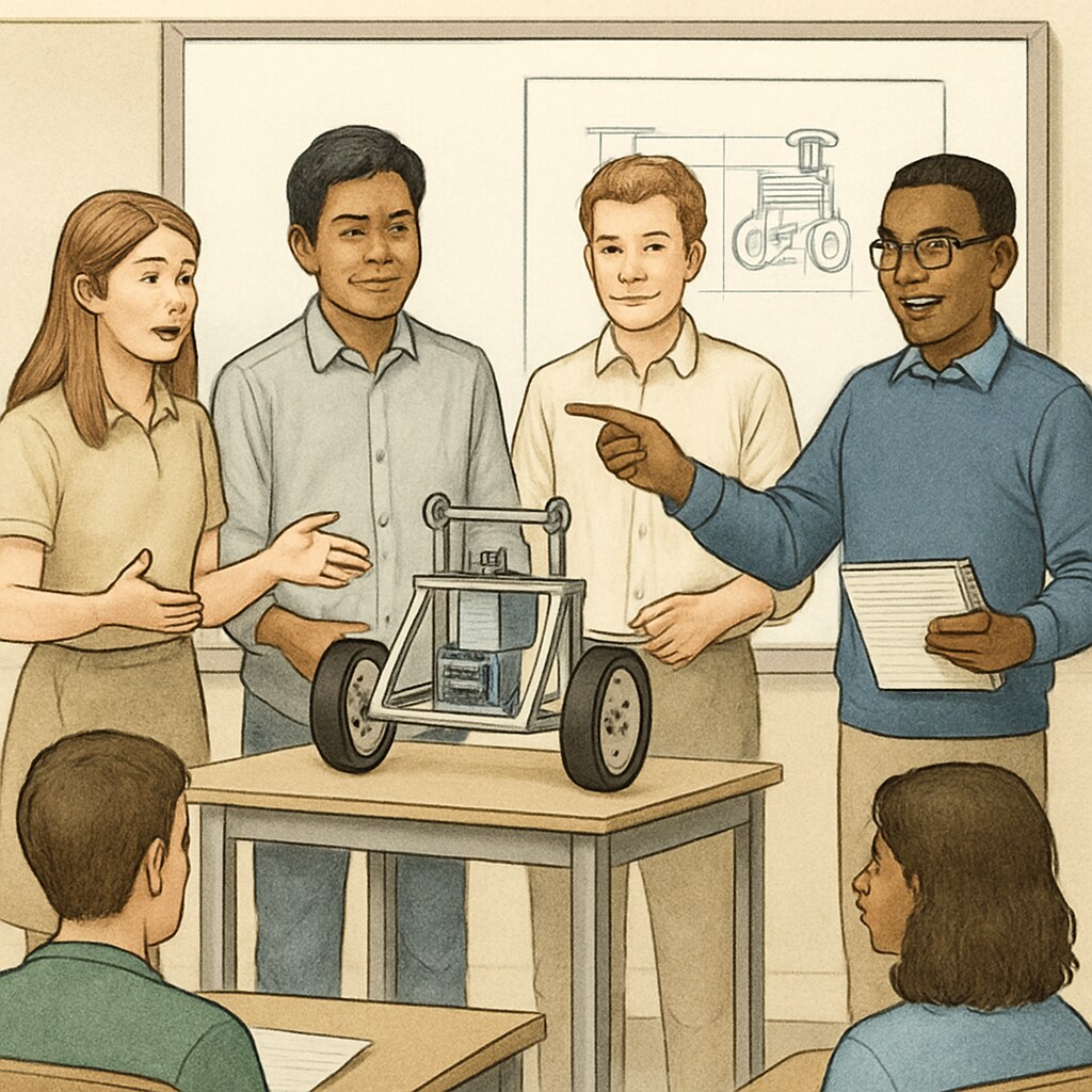 A student team presenting a collaborative engineering design prototype to their class. Students presenting an engineering design prototype during a classroom session.