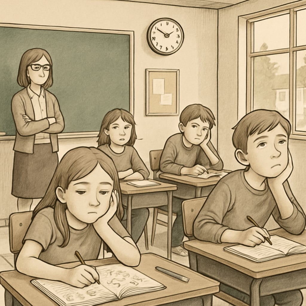 A classroom with disengaged students, some staring blankly or looking at the clock, while others doodle on their notebooks. Students appearing bored in a classroom, reflecting the issue of disengagement in K12 education.