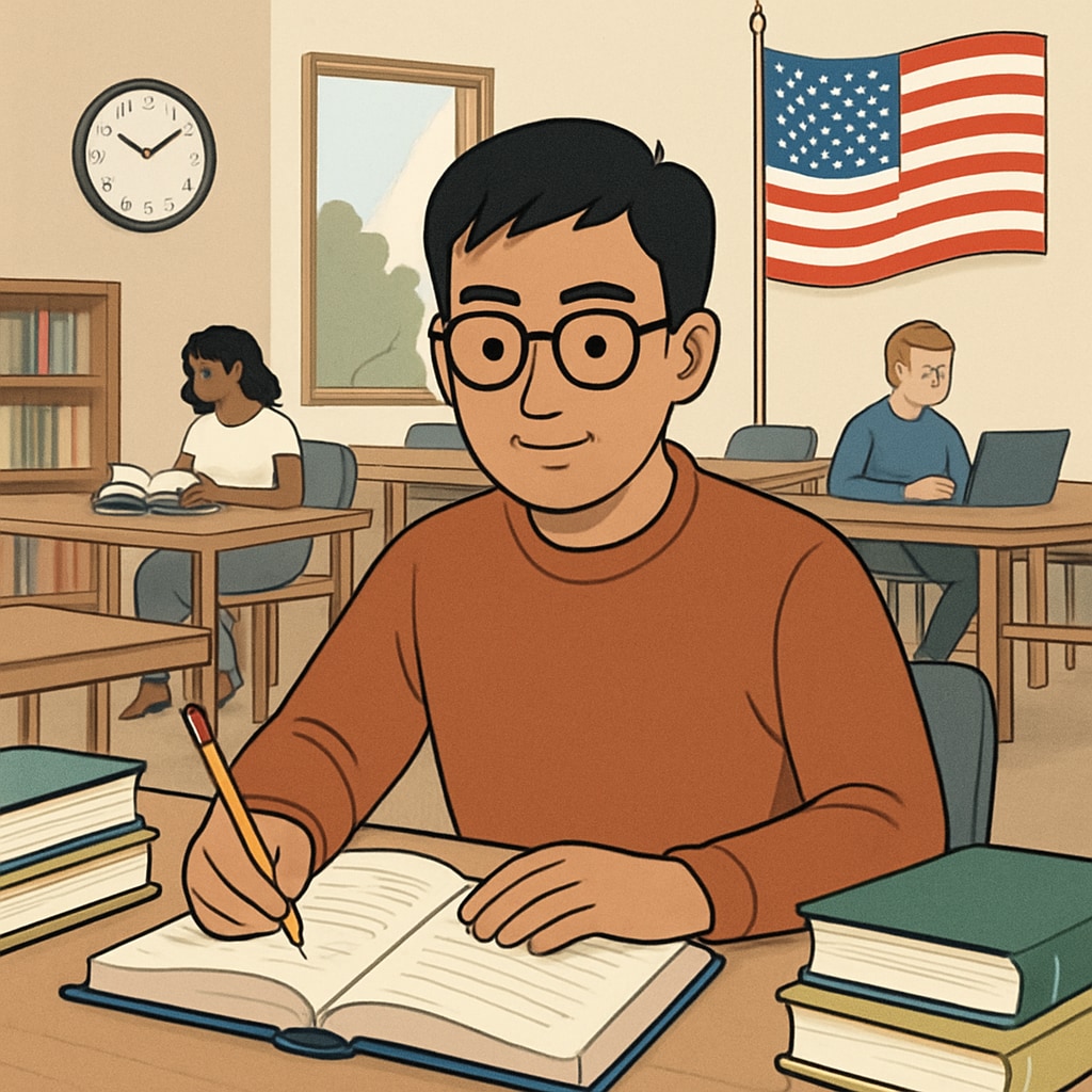 An image of an international student studying at a U.S. university, showcasing a campus library or classroom setting. International student studying at a U.S. university, related to master's degree applications.