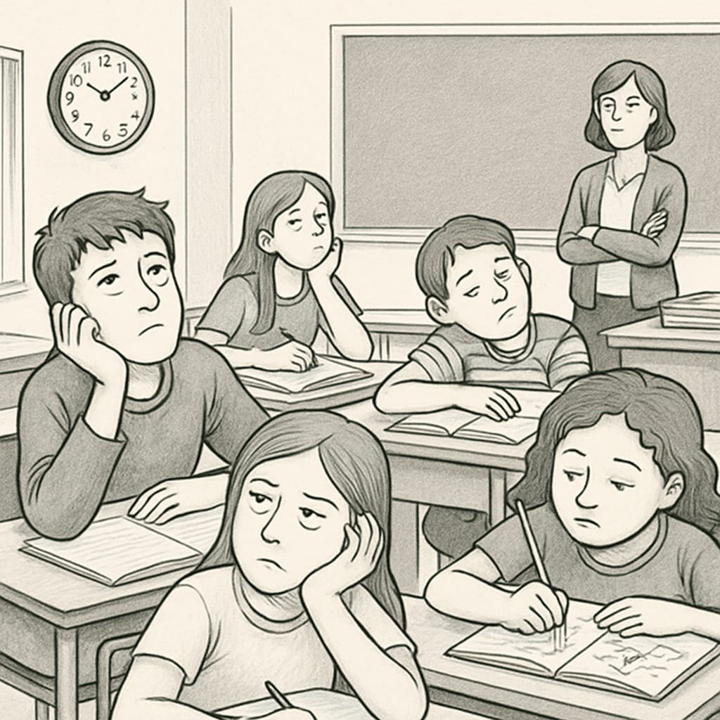A classroom with disengaged students, some staring at the clock while others doodle in their notebooks, highlighting the issue of boredom. Students appearing bored in a classroom, illustrating disengagement in education.