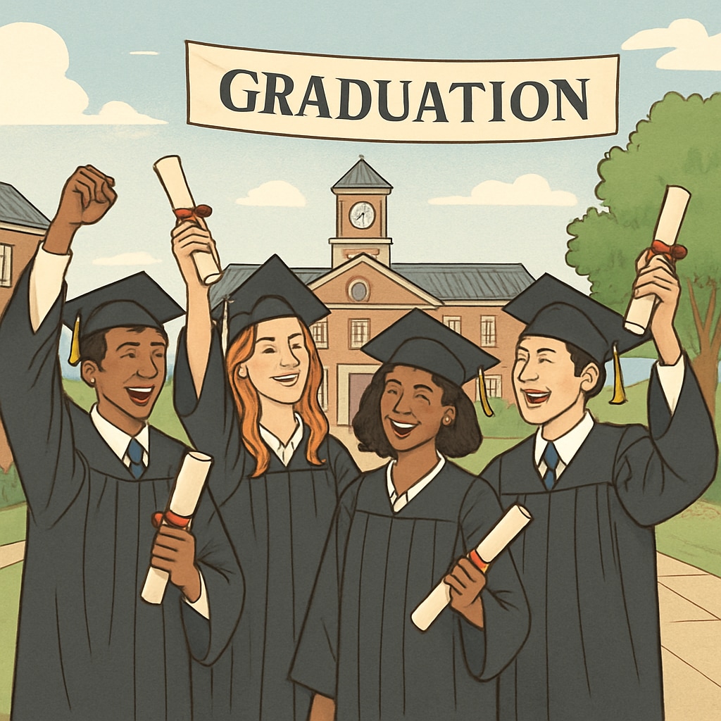 A group of graduate students celebrating graduation at a U.S. university, with caps and gowns. Graduate students celebrating U.S. master's degree completion, symbolizing success.