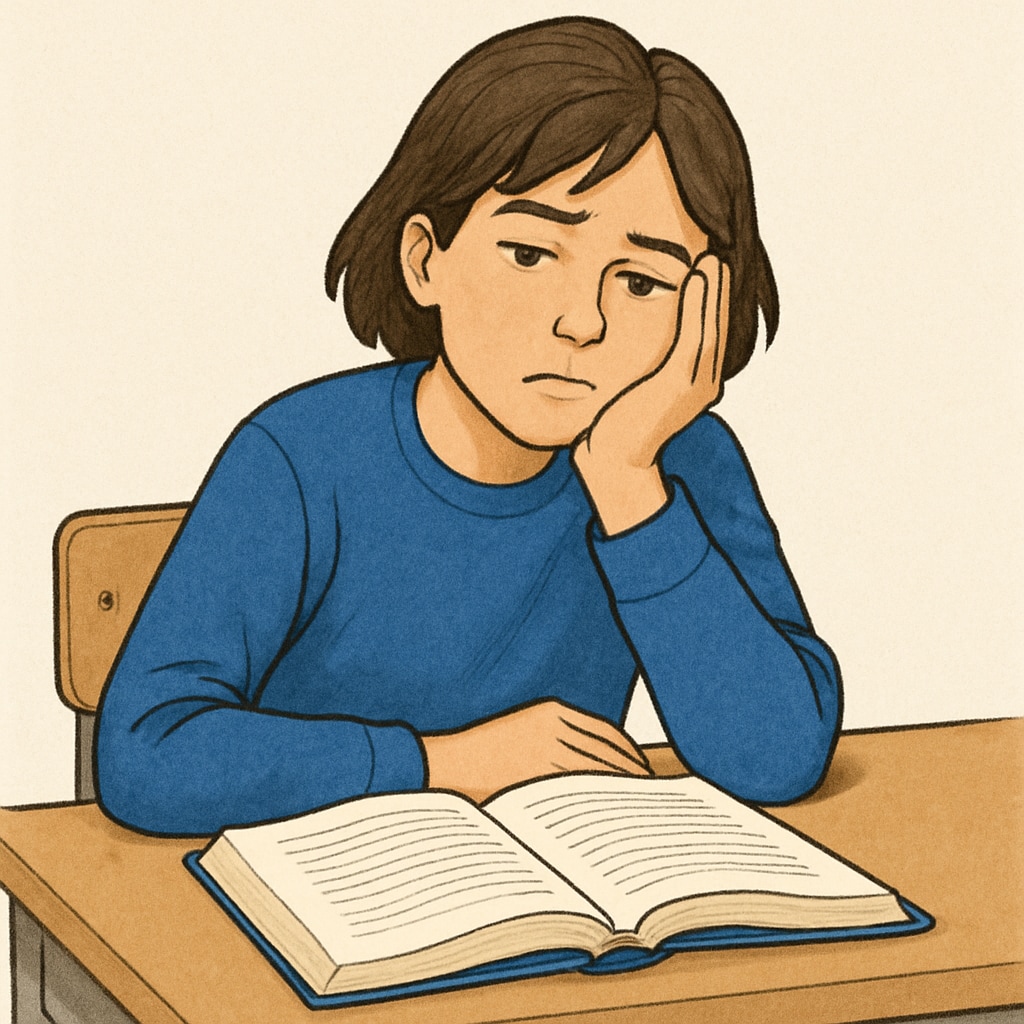 A close-up of a student looking disengaged, resting their head on their hand, with an open textbook in front of them. A disengaged student with a textbook, symbolizing classroom boredom in K12 education.