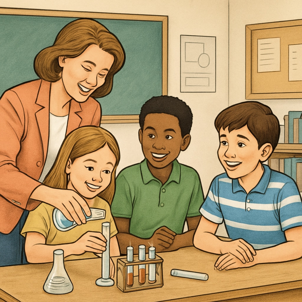 A teacher engaging students in a hands-on science experiment, with students actively participating and smiling, showcasing an effective teaching method. Teacher conducting a science experiment with engaged students, demonstrating interactive learning.