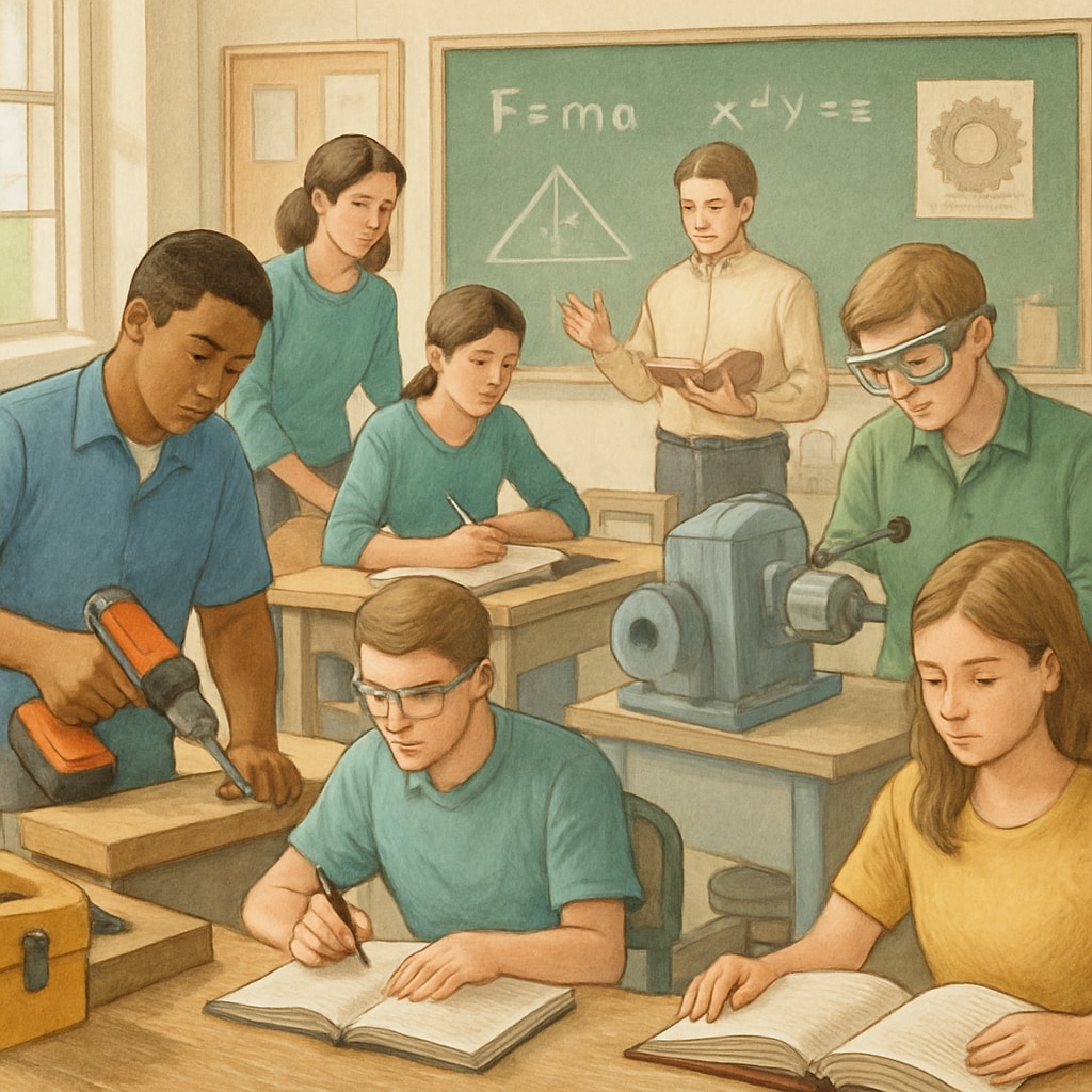 A classroom where students are engaged in both hands-on technical training and traditional academic study, reflecting the integration of CTE and traditional disciplines. Classroom with students merging Career and Technical Education and traditional academic study.