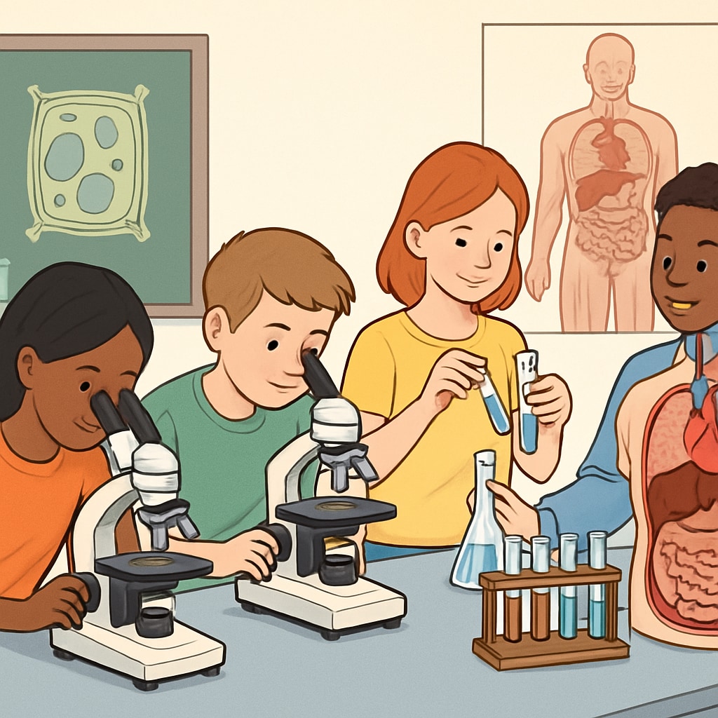 A group of students participating in a hands-on STEM workshop, with a focus on biology and medical sciences. Students exploring medical sciences in a STEM workshop during school programs.