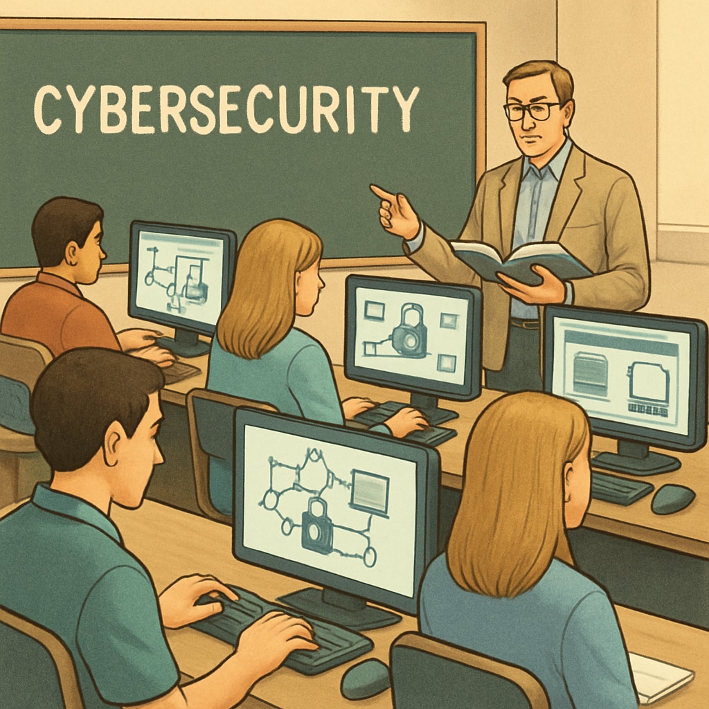 A cybersecurity classroom with students working on network security simulations. Students in a cybersecurity classroom working on practical network security exercises.