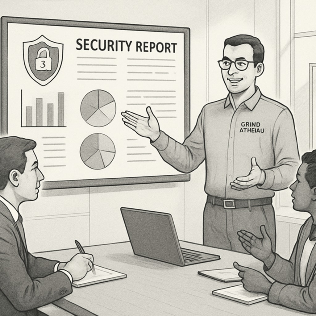 A cybersecurity professional presenting a report to a team, emphasizing the role of communication skills in the industry. Cybersecurity professional communicating technical insights to a team.