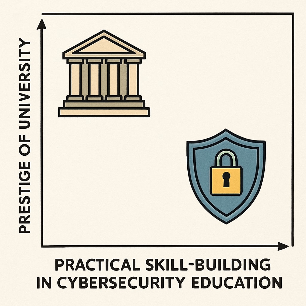 A comparison chart showing university prestige versus practical skill-building in cybersecurity education. Chart comparing university reputation to practical skill-building in cybersecurity.