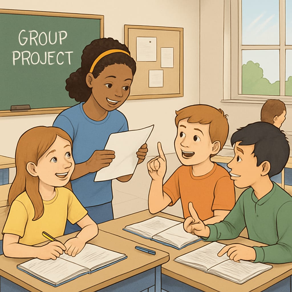 A classroom with students engaging in a group project, illustrating collaboration and active participation. Students participating in a group project to demonstrate engagement monitoring in education.