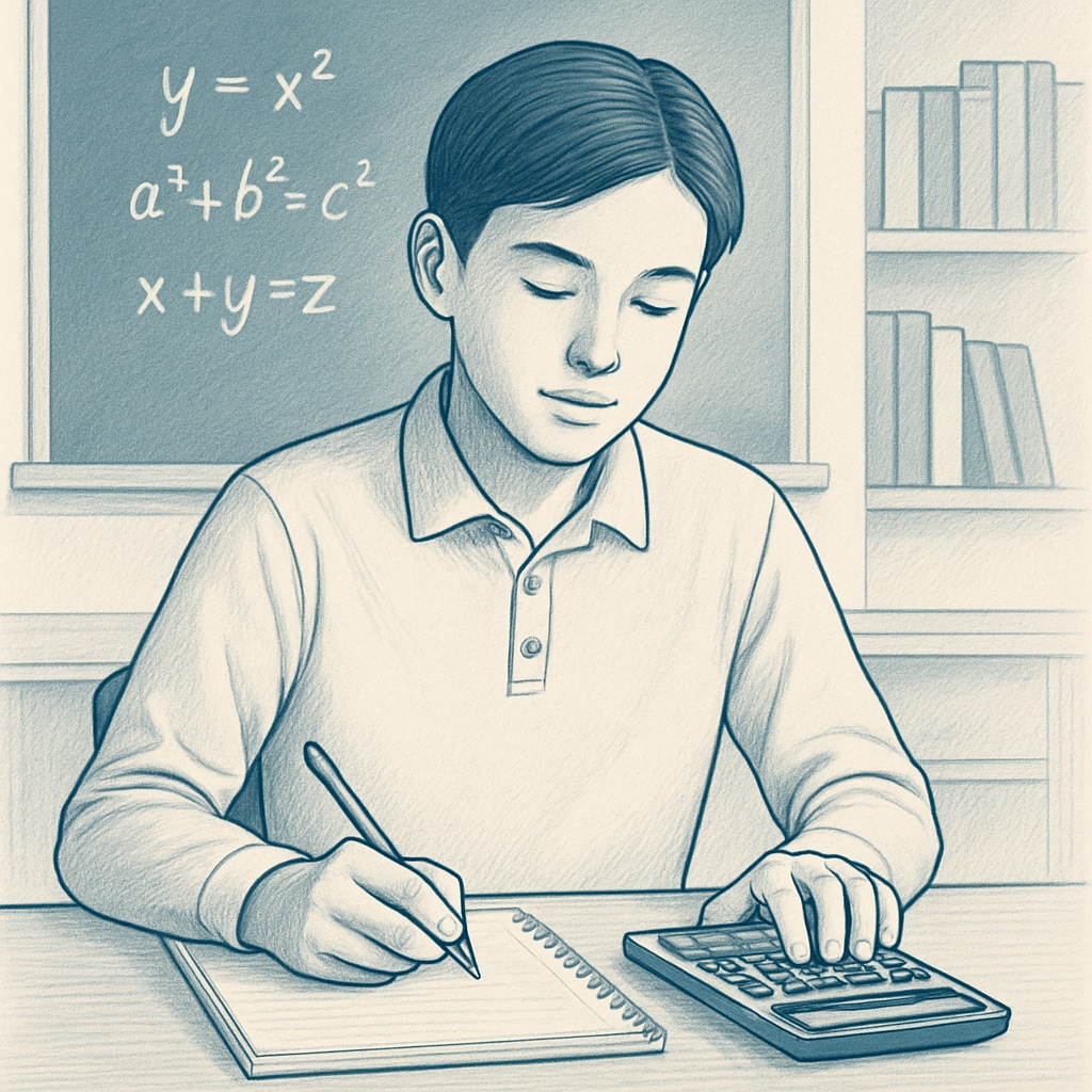 A calm high school student studying math with a notebook and calculator on a desk, representing preparation and focus. High school student studying math to overcome test stress and anxiety