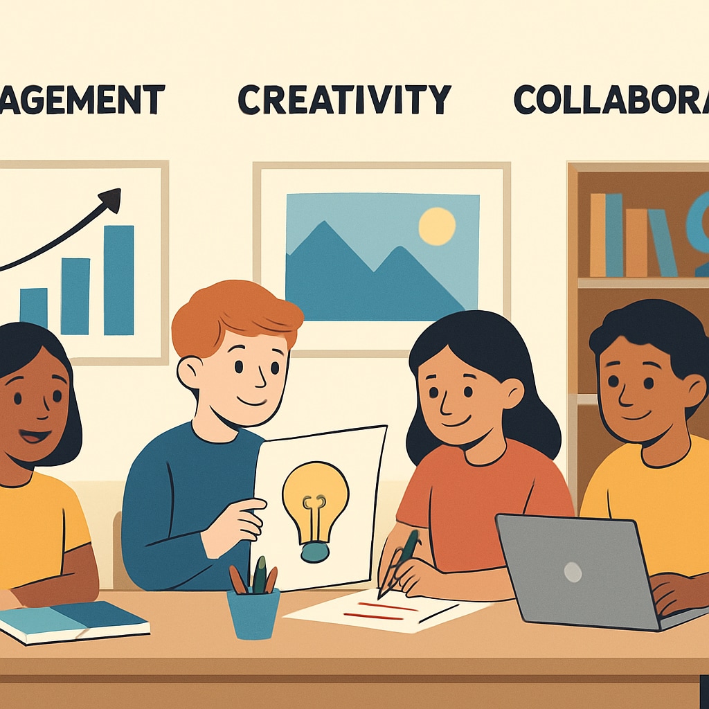 A visual representation of diverse learning metrics, including engagement, creativity, and collaboration. This could include graphics or infographics showing these elements within a classroom context. A diagram highlighting diverse learning metrics in education, including engagement and creativity.
