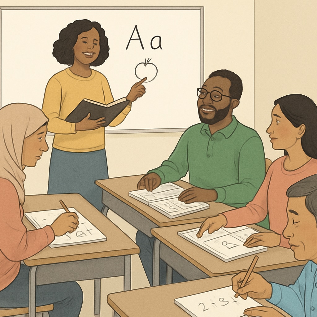 A classroom setting with adults from diverse cultural backgrounds engaged in foundational learning activities. Adult students in a classroom learning foundational knowledge for cultural adaptation.